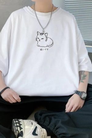 Style Core Aesthetics, New Style Trends - Lying Cat Drop Shoulder Tee