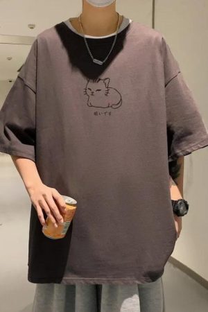 Style Core Aesthetics, New Style Trends - Lying Cat Drop Shoulder Tee