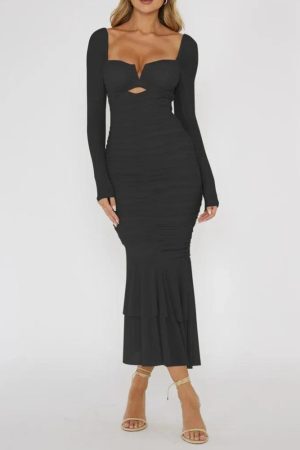 Style Core Aesthetics, New Style Trends - Mesh Ruched Bodycon Midi Dress