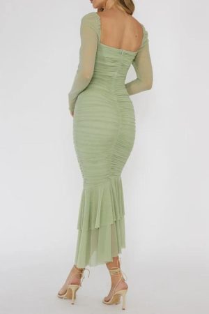 Style Core Aesthetics, New Style Trends - Mesh Ruched Bodycon Midi Dress