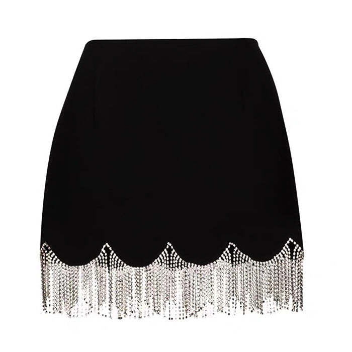 Style Core Aesthetics, New Style Trends - Midnight Rhinestone Fringe Skirt
