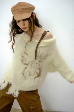 Style Core Aesthetics, New Style Trends - Off Shoulder Distressed Knit Sweater