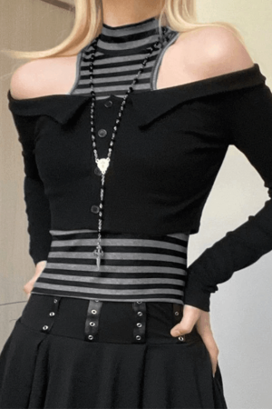 Style Core Aesthetics, New Style Trends - Off Shoulder Long Sleeve Top & Striped Tank Set