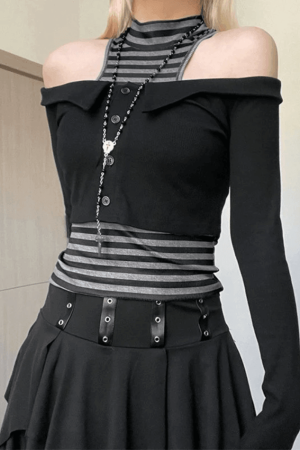 Style Core Aesthetics, New Style Trends - Off Shoulder Long Sleeve Top & Striped Tank Set