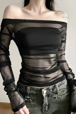 Style Core Aesthetics, New Style Trends - Off Shoulder Mesh Top