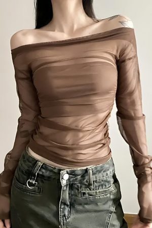 Style Core Aesthetics, New Style Trends - Off Shoulder Mesh Top