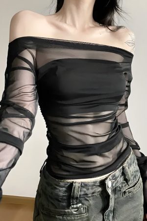 Style Core Aesthetics, New Style Trends - Off Shoulder Mesh Top
