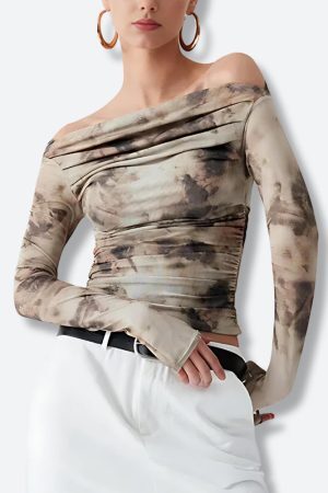 Style Core Aesthetics, New Style Trends - Off Shoulder Ruched Mesh Top