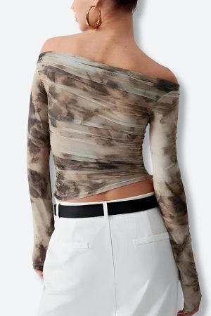 Style Core Aesthetics, New Style Trends - Off Shoulder Ruched Mesh Top