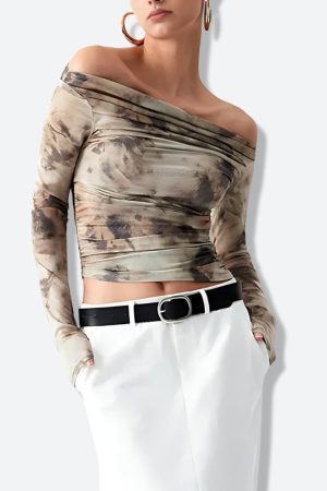 Style Core Aesthetics, New Style Trends - Off Shoulder Ruched Mesh Top