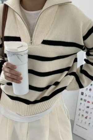 Style Core Aesthetics, New Style Trends - Old Money Zip Up Striped Sweater