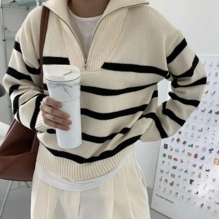 Style Core Aesthetics, New Style Trends - Old Money Zip Up Striped Sweater Style Core Aesthetics, New Style Trends - Old Money Zip Up Striped Sweater