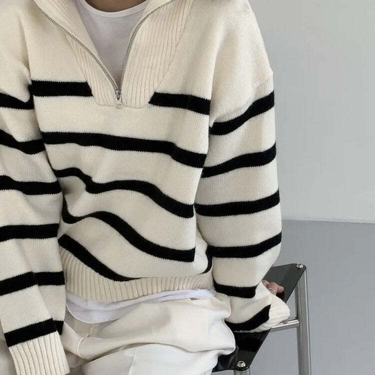 Style Core Aesthetics, New Style Trends - Old Money Zip Up Striped Sweater
