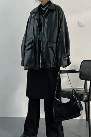 Style Core Aesthetics, New Style Trends - Oversized Black Faux Leather Jacket