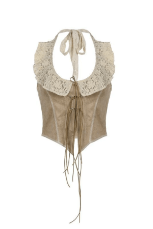 Style Core Aesthetics, New Style Trends - Panel Lace Tie Front Halter Tank Top