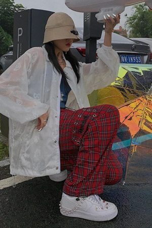 Style Core Aesthetics, New Style Trends - Pantalon Cargo Motif Carreaux Rouge Punk