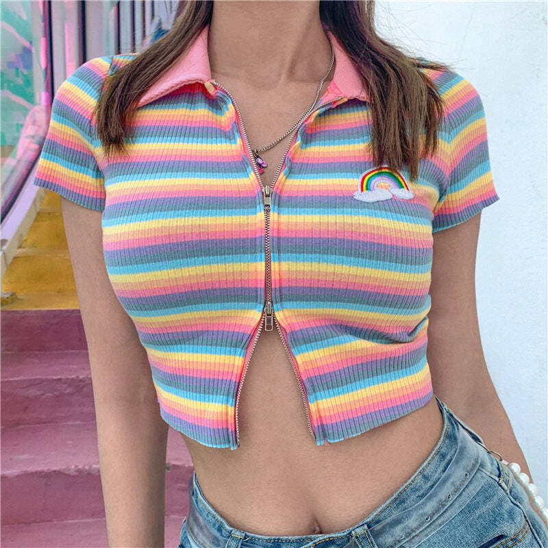 Style Core Aesthetics, New Style Trends - Pastel Rainbow Zip Top