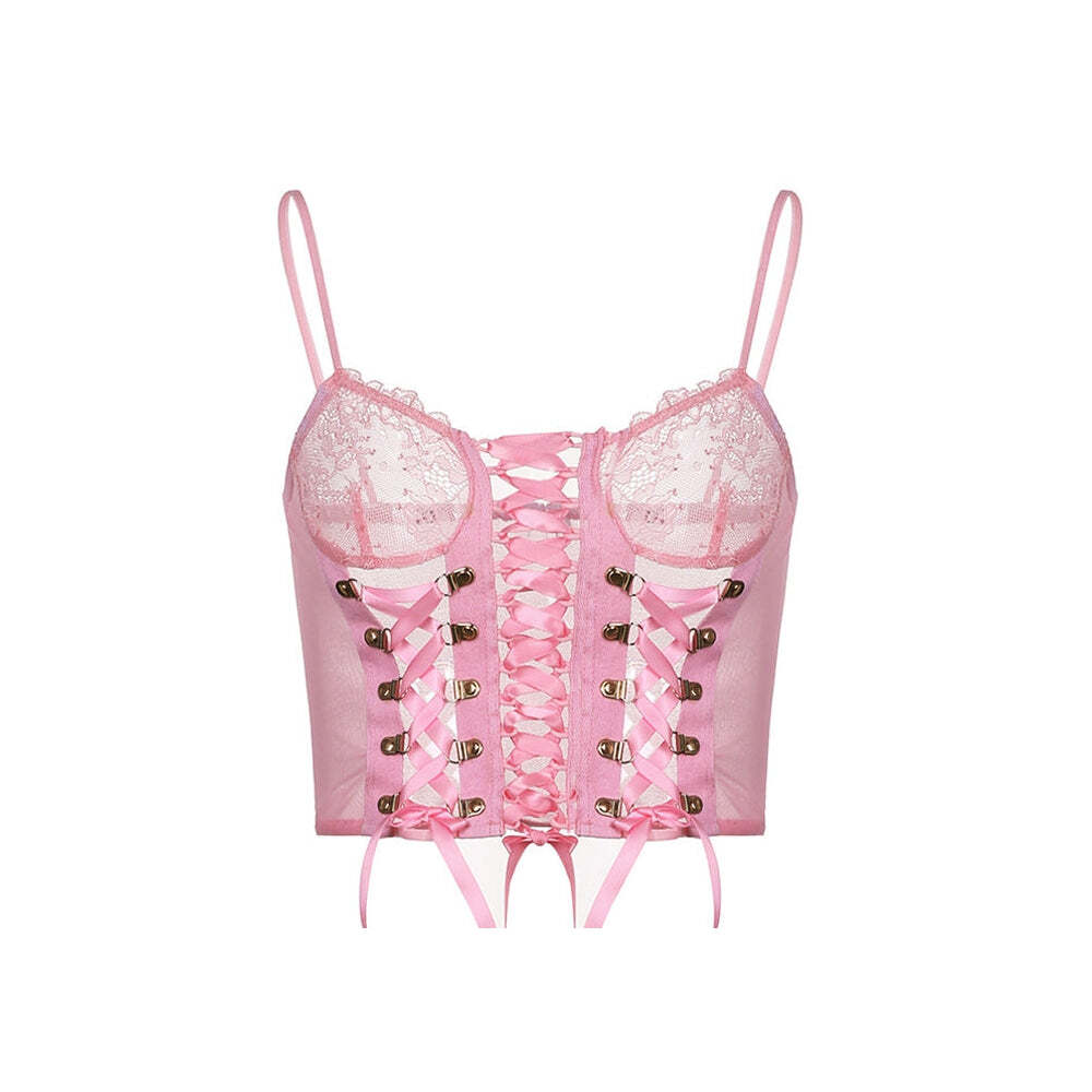 Style Core Aesthetics, New Style Trends - Pink Lace Mesh Top