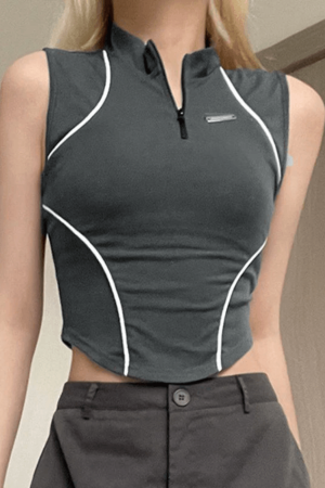Style Core Aesthetics, New Style Trends - Piping Detail Half Zip Cropped Tank Top