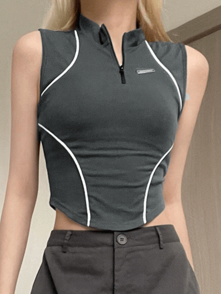 Style Core Aesthetics, New Style Trends - Piping Detail Half Zip Cropped Tank Top Style Core Aesthetics, New Style Trends - Piping Detail Half Zip Cropped Tank Top