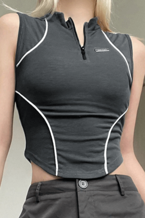 Style Core Aesthetics, New Style Trends - Piping Detail Half Zip Cropped Tank Top