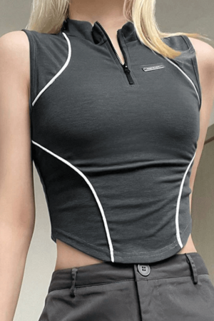 Style Core Aesthetics, New Style Trends - Piping Detail Half Zip Cropped Tank Top