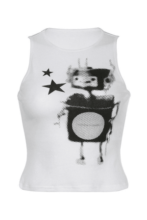 Style Core Aesthetics, New Style Trends - Pixel Robot Star White Cropped Tank Top