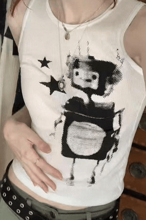Style Core Aesthetics, New Style Trends - Pixel Robot Star White Cropped Tank Top