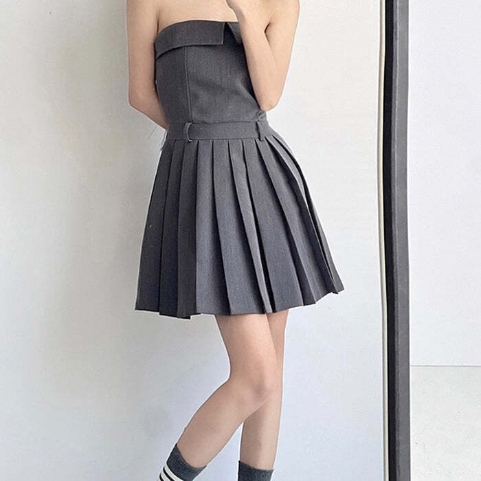 Style Core Aesthetics, New Style Trends - Pleated Mini Dress in Grey Style Core Aesthetics, New Style Trends - Pleated Mini Dress in Grey