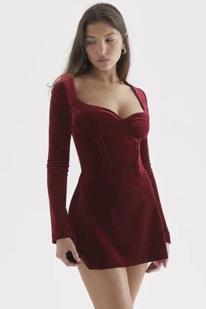 Style Core Aesthetics, New Style Trends - Plunge Neck Velvet Mini Dress