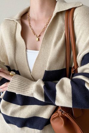 Style Core Aesthetics, New Style Trends - Preppy Collar Striped Pullover
