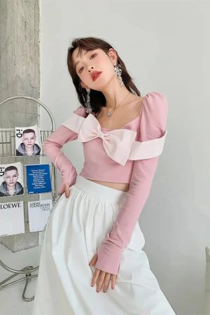 Style Core Aesthetics, New Style Trends - Puff Shoulder Bow Crop Top
