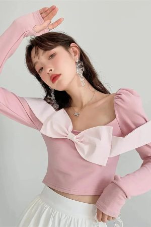 Style Core Aesthetics, New Style Trends - Puff Shoulder Bow Crop Top