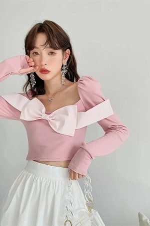 Style Core Aesthetics, New Style Trends - Puff Shoulder Bow Crop Top