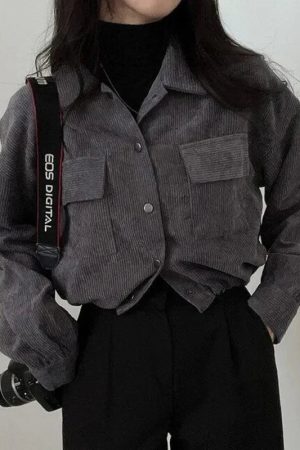 Style Core Aesthetics, New Style Trends - Puff Sleeved Corduroy Crop Shirt