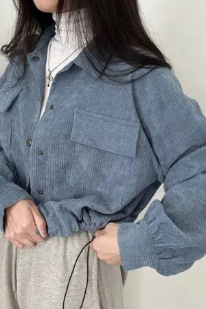 Style Core Aesthetics, New Style Trends - Puff Sleeved Corduroy Crop Shirt