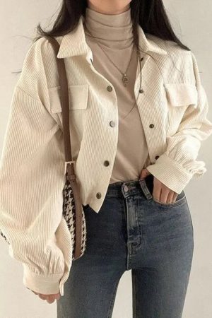 Style Core Aesthetics, New Style Trends - Puff Sleeved Corduroy Crop Shirt