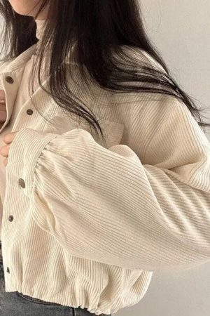 Style Core Aesthetics, New Style Trends - Puff Sleeved Corduroy Crop Shirt