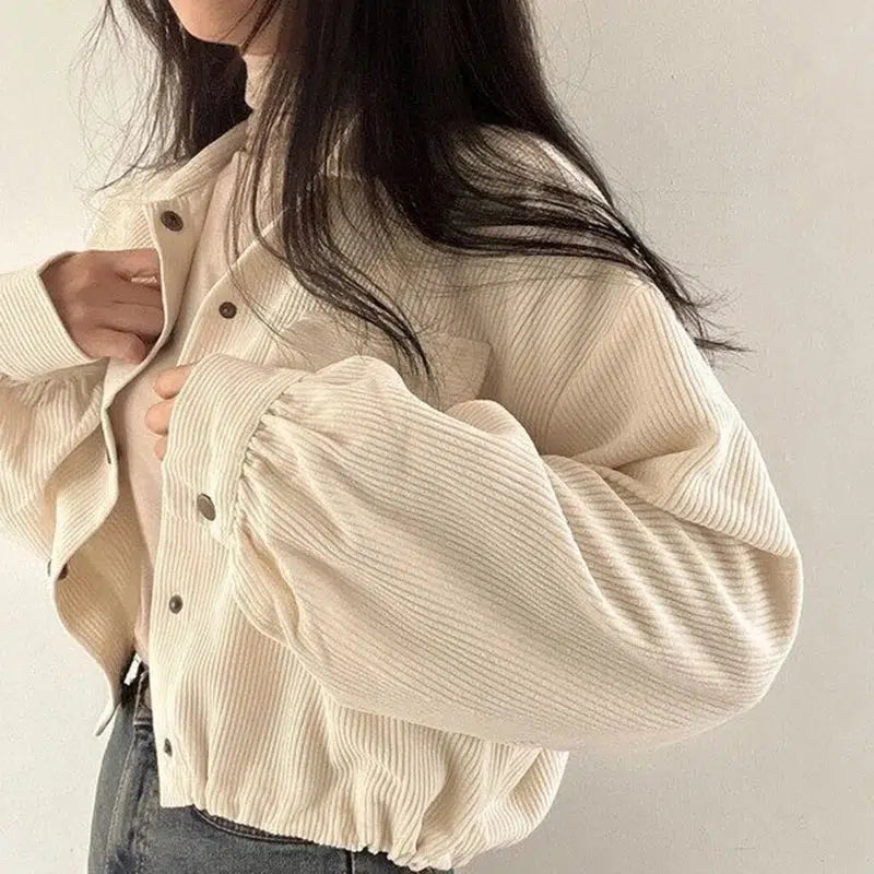 Style Core Aesthetics, New Style Trends - Puff Sleeved Corduroy Crop Shirt