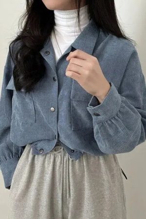 Style Core Aesthetics, New Style Trends - Puff Sleeved Corduroy Crop Shirt