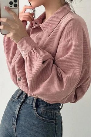 Style Core Aesthetics, New Style Trends - Puff Sleeved Corduroy Crop Shirt