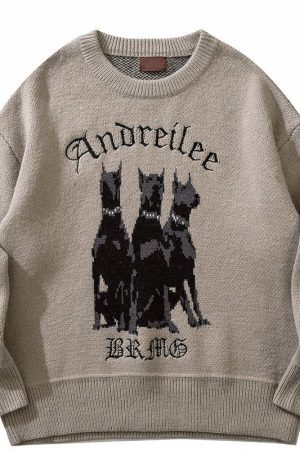 Style Core Aesthetics, New Style Trends - Pull tricoté streetwear Y2K avec graphique 3D Doberman 'Andreilee'