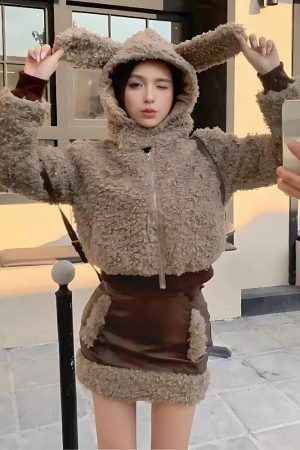 Style Core Aesthetics, New Style Trends - Rabbit Hood Teddy Two Piece Set