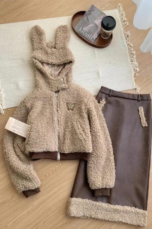 Style Core Aesthetics, New Style Trends - Rabbit Hood Teddy Two Piece Set