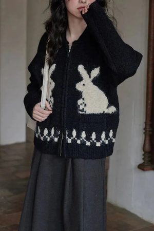Style Core Aesthetics, New Style Trends - Rabbit Knitted Zip Cardigan