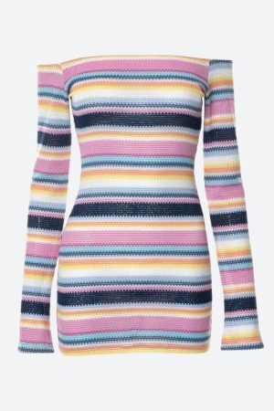 Style Core Aesthetics, New Style Trends - Rainbow Off Shoulder Knitted Mini Dress