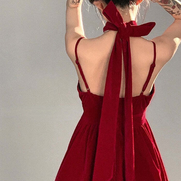 Style Core Aesthetics, New Style Trends - Red Velvet Halter Dress Style Core Aesthetics, New Style Trends - Red Velvet Halter Dress