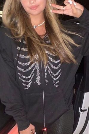 Style Core Aesthetics, New Style Trends - Rhinestone Skeleton Hoodie