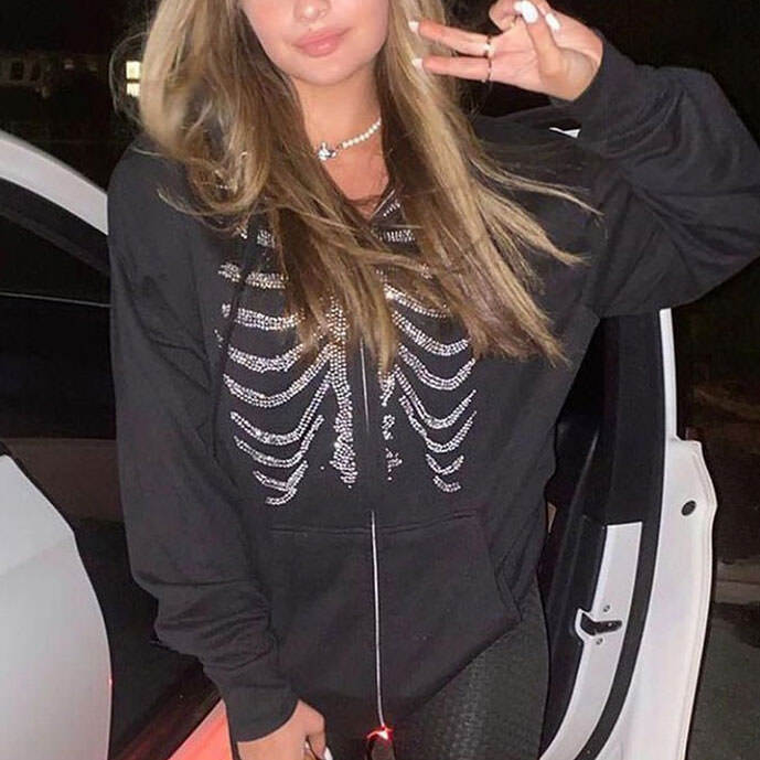 Style Core Aesthetics, New Style Trends - Rhinestone Skeleton Hoodie Style Core Aesthetics, New Style Trends - Rhinestone Skeleton Hoodie