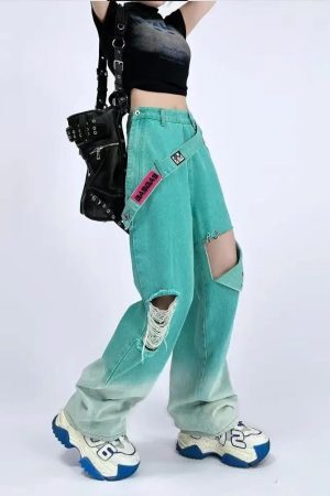 Style Core Aesthetics, New Style Trends - Ripped Denim Strap Baggy Jeans